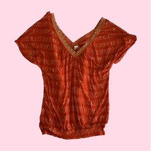 Free People Bright Red & Gold V-neck T-Shirt